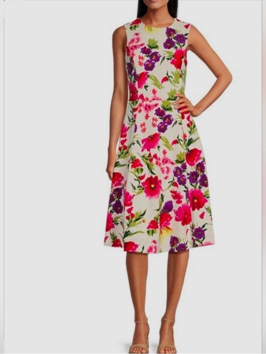 Investments Floral Midi Dress In Pink, Purple & Green On Cream
